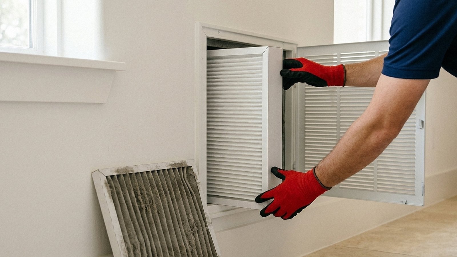 Fresh pleated air filter going into a return vent, the maintenance job most homeowners forget