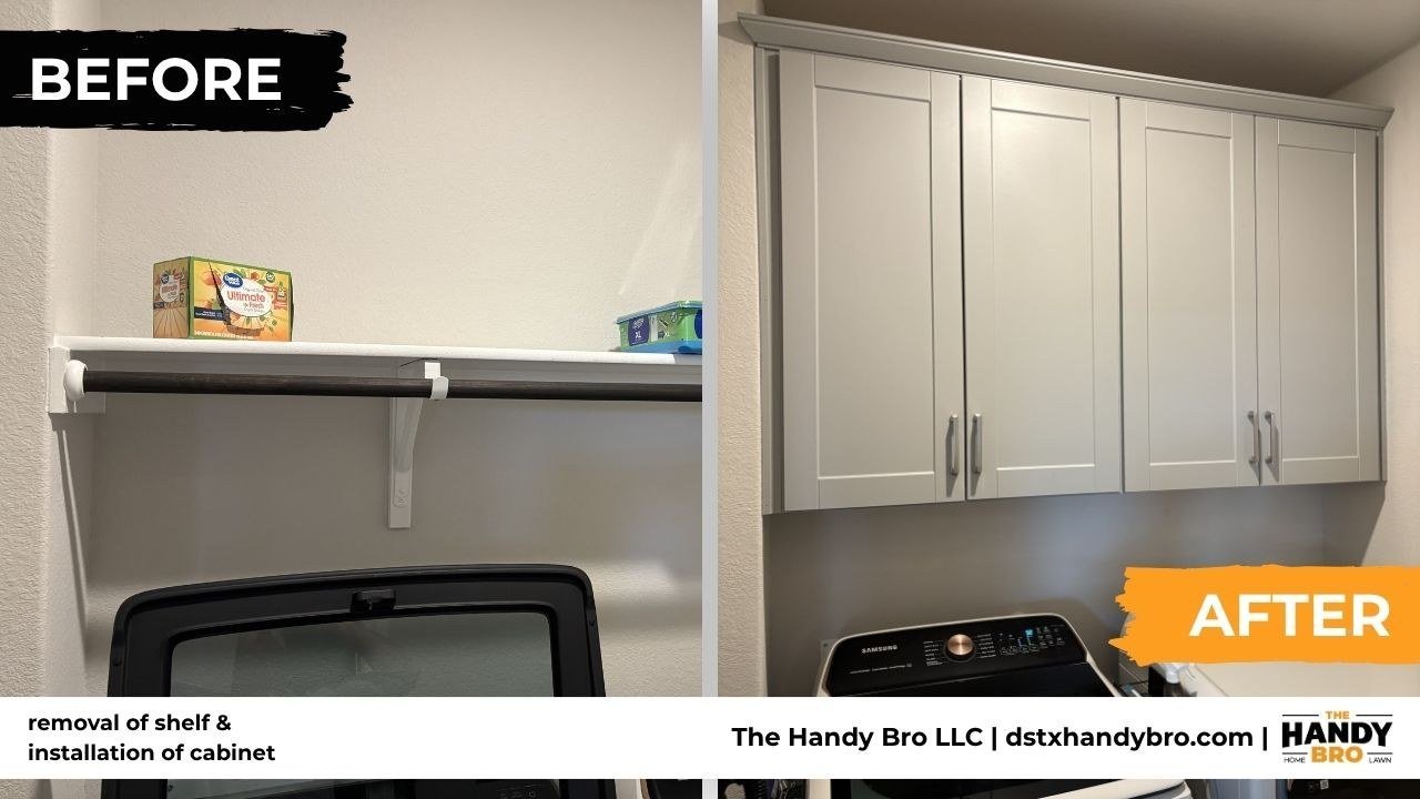 Before and after: a laundry room shelf removed and an upper cabinet installed