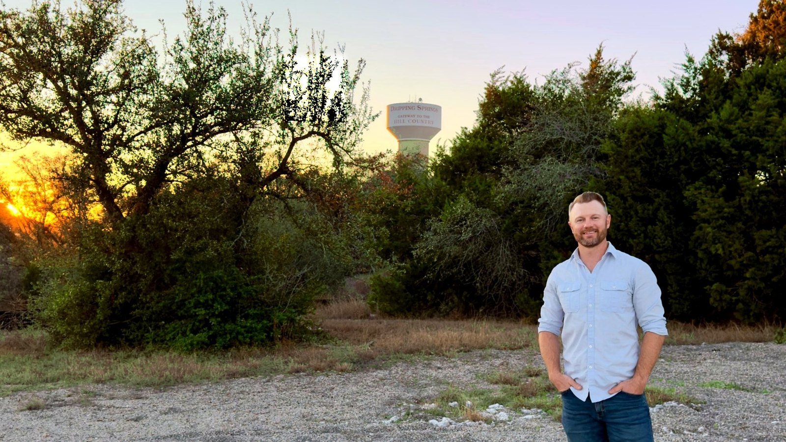Warren Wiedenfeld of The Handy Bro below the Dripping Springs water tower