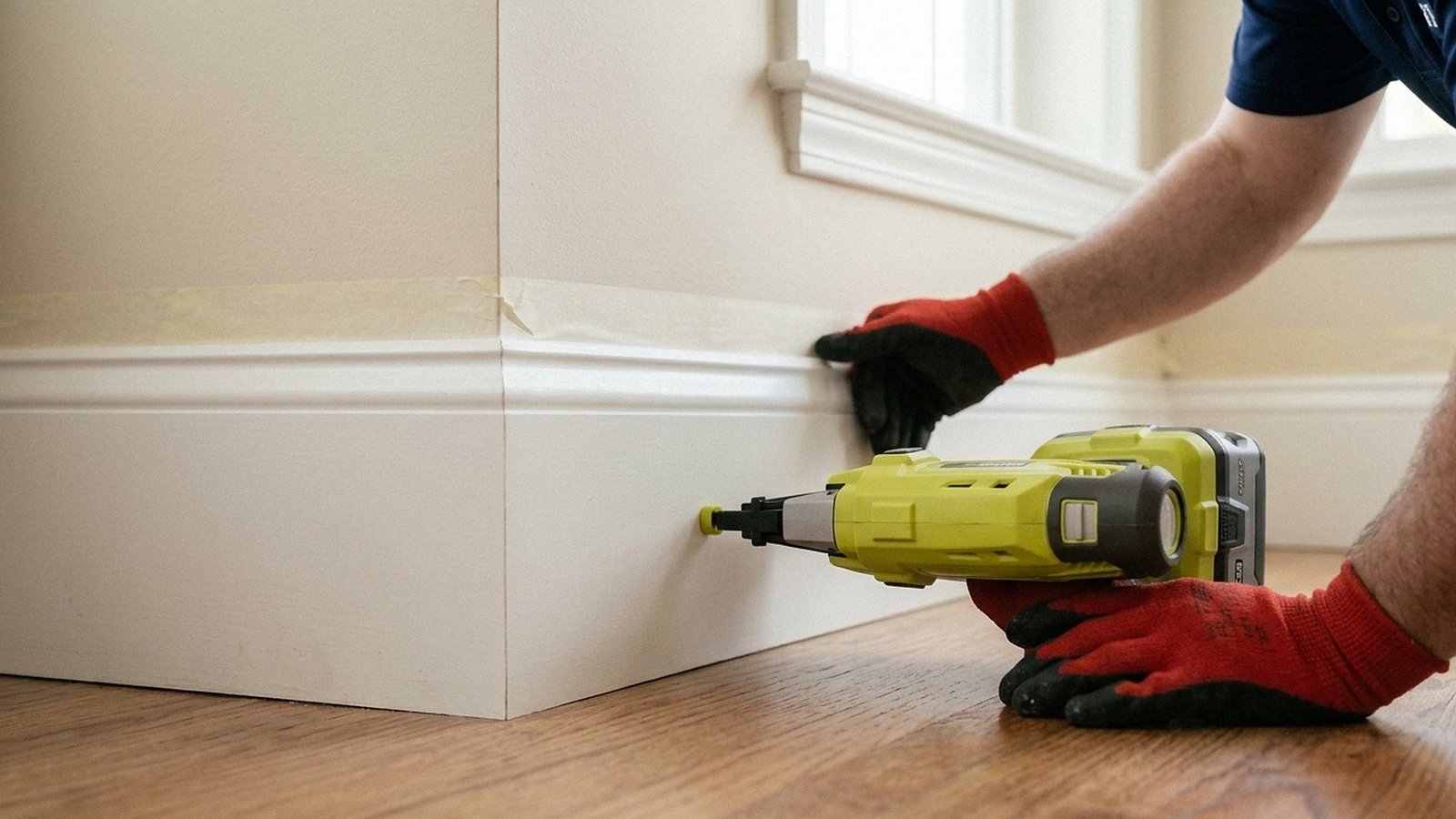 Gloved hands setting painted baseboard trim with a brad nailer