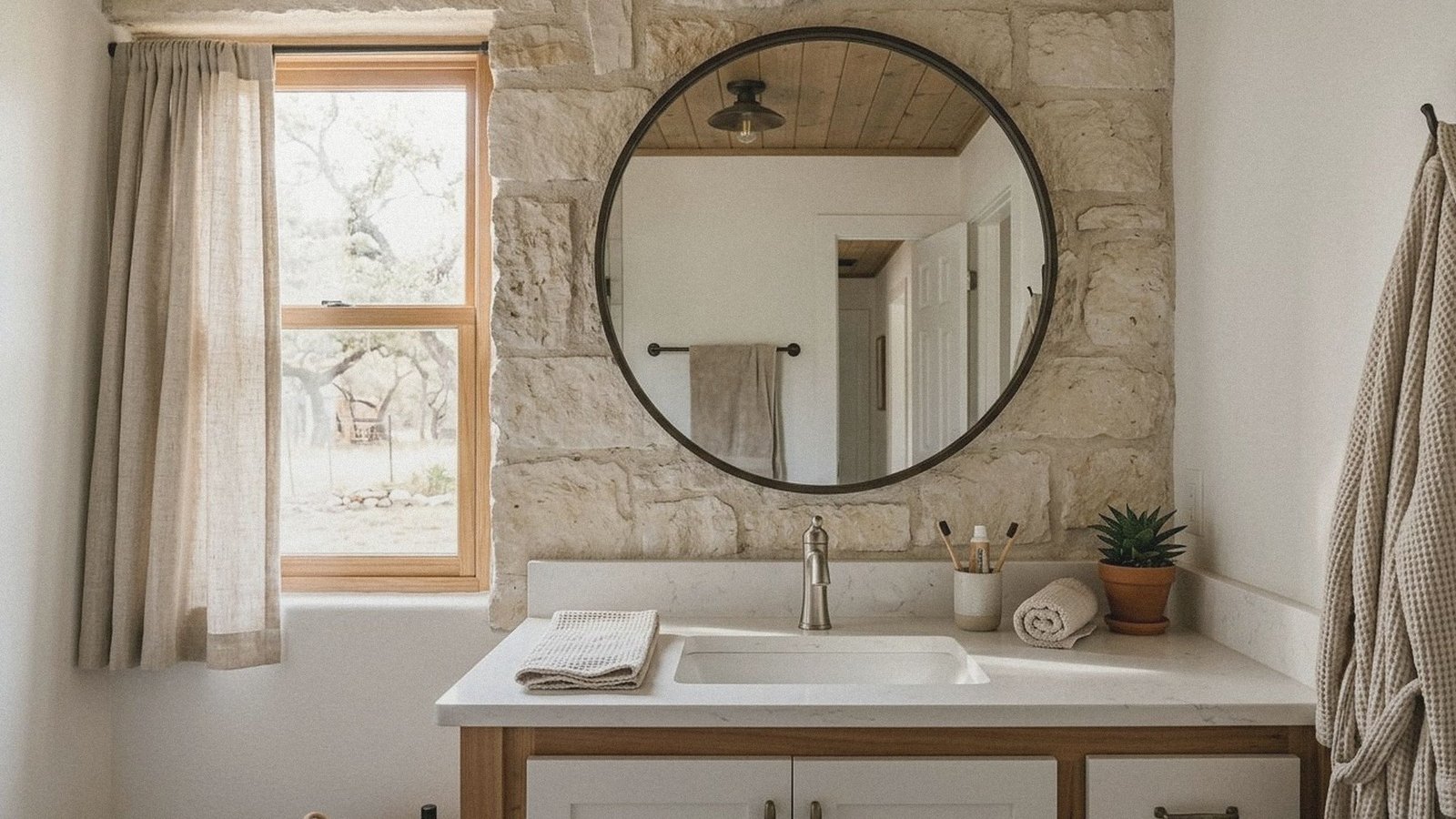 New brushed nickel faucet centered on an undermount sink in a Hill Country bathroom vanity