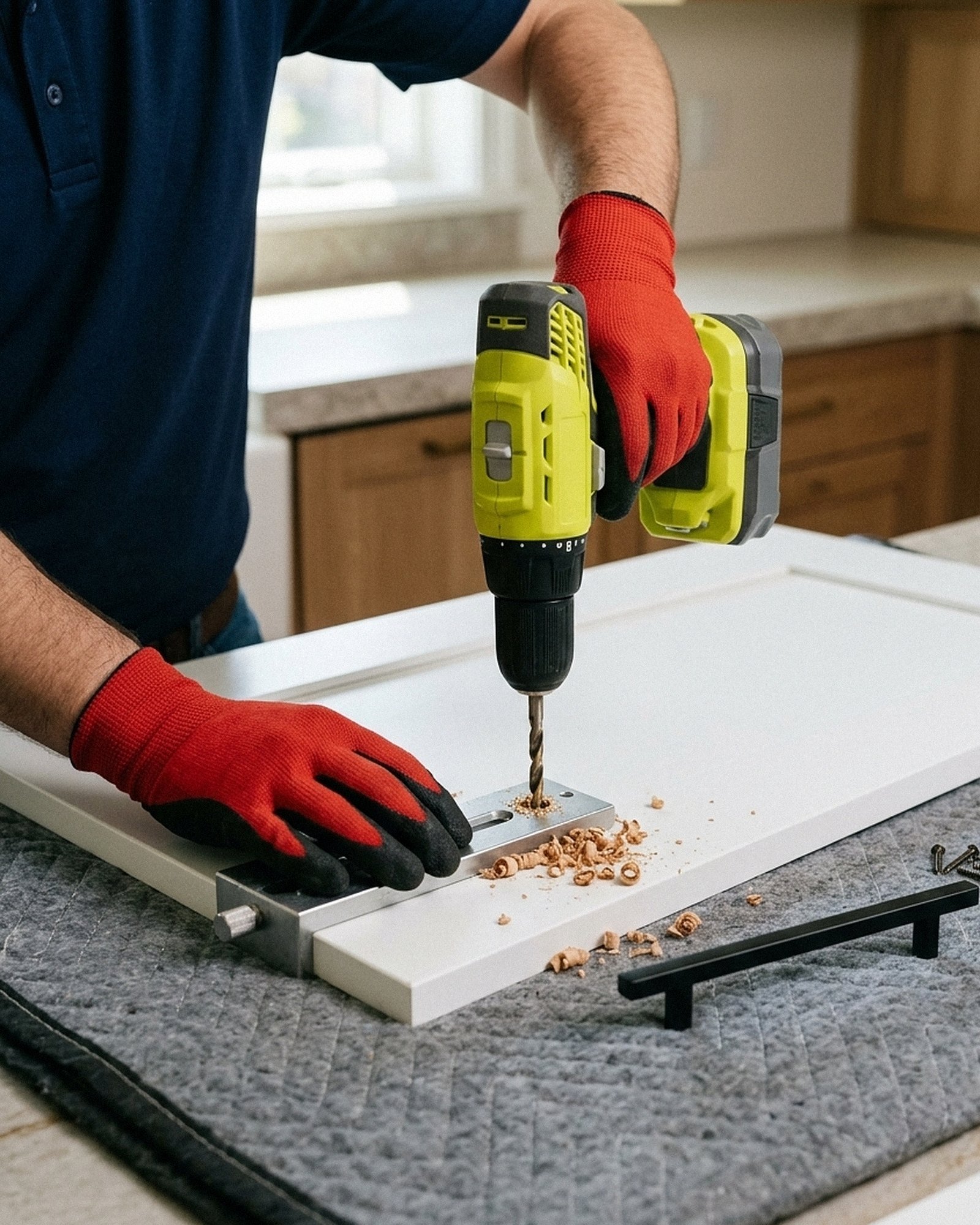 Gloved hands fastening a matte black bar pull to a white shaker cabinet door with a drilling jig