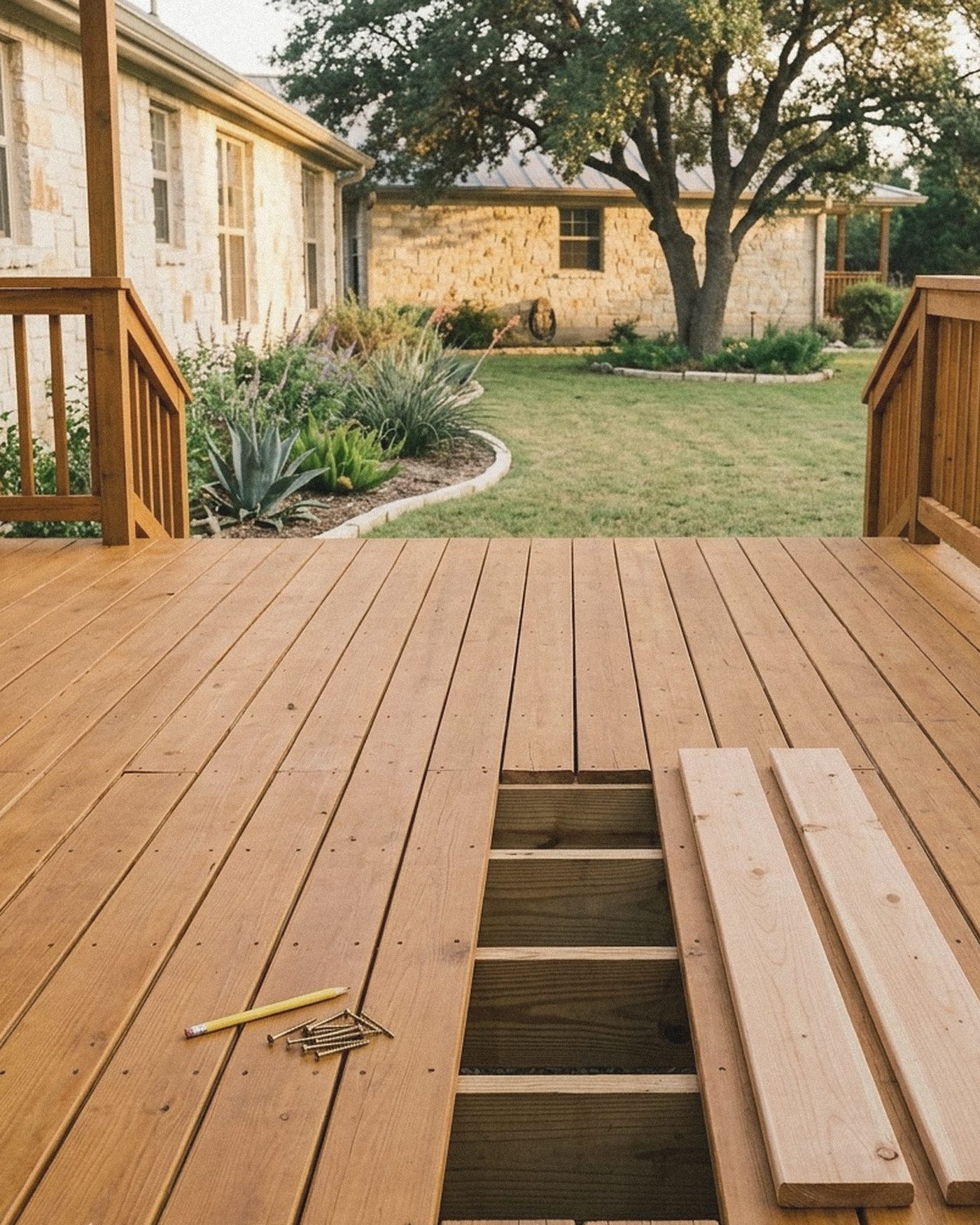 Fresh cedar boards set among weathered deck boards, screws and a pencil on the deck