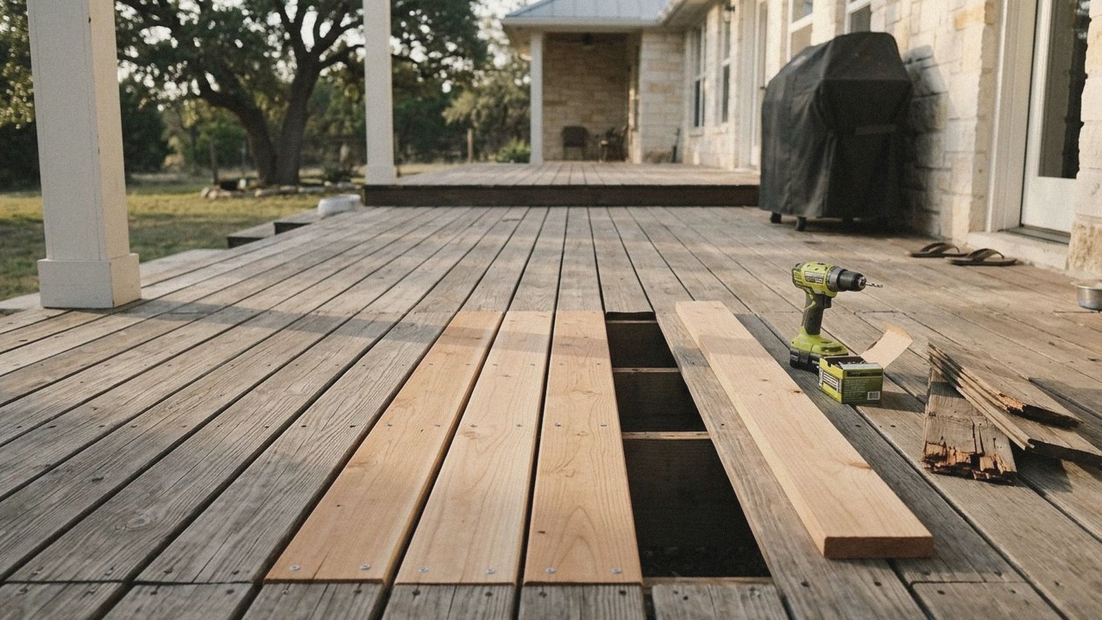 Cedar deck boards partway through a repair