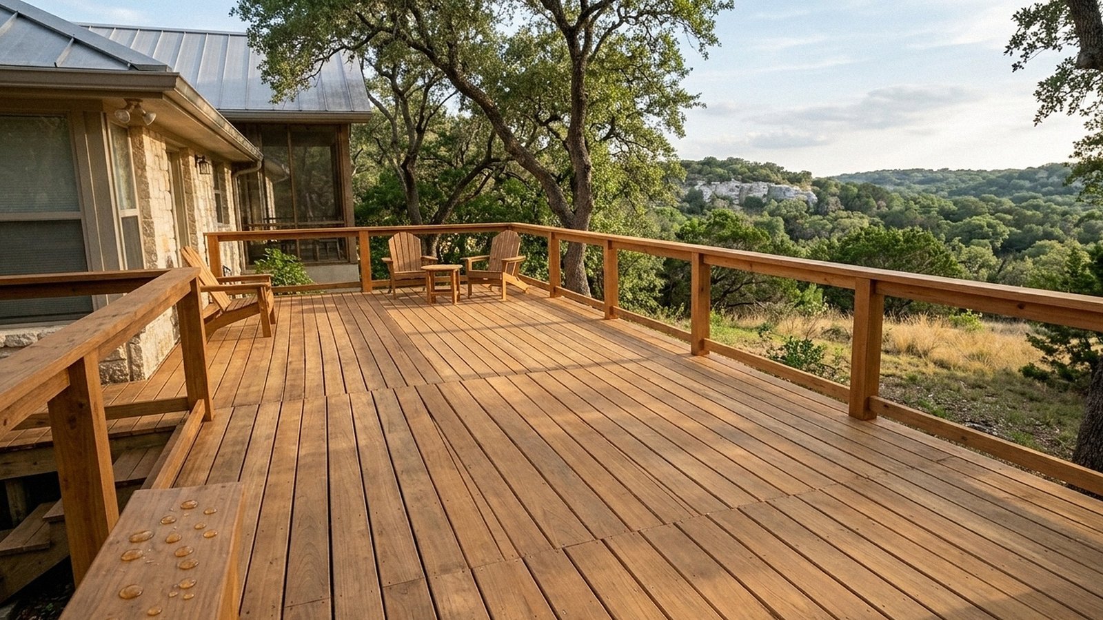 Cedar deck with two weathered boards lifted and replacement boards fitted over the joists
