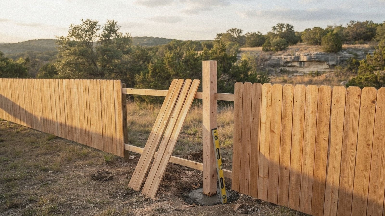 New cedar fence post set plumb in concrete with pickets leaning aside, Hill Country beyond