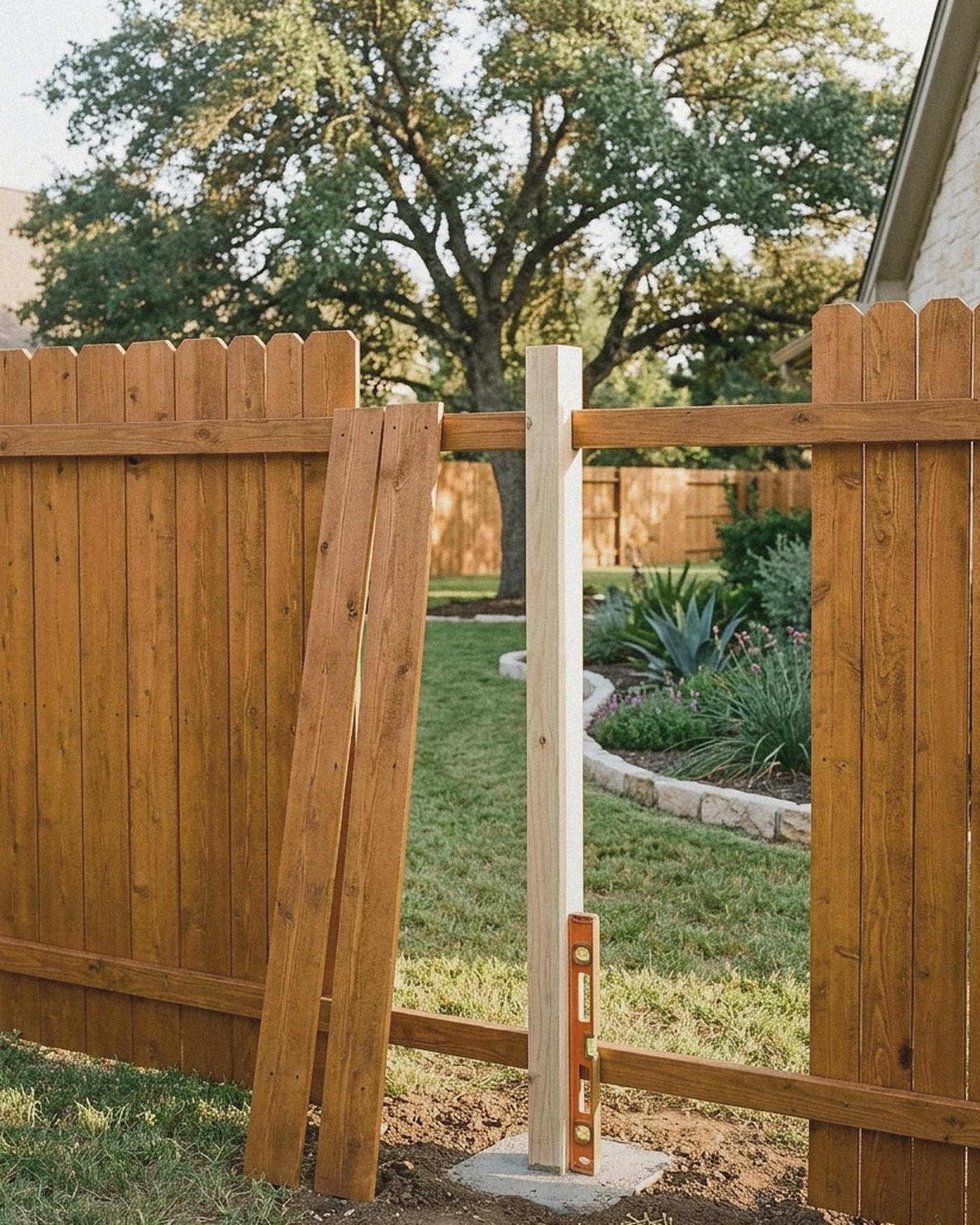 New cedar fence post set plumb in fresh concrete with a level against it and two pickets leaning aside