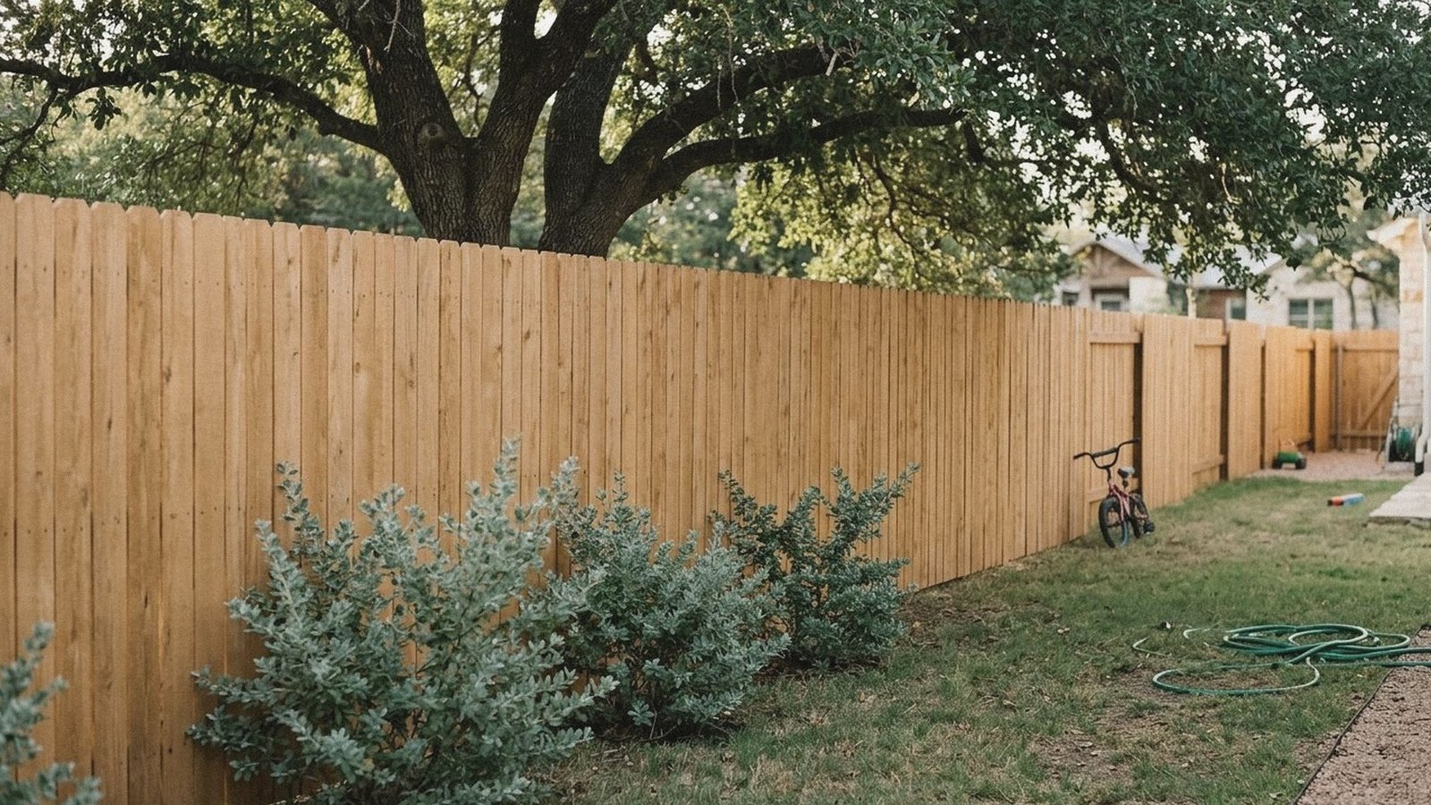Cedar privacy fence freshly stained an even warm tone with Texas sage in front