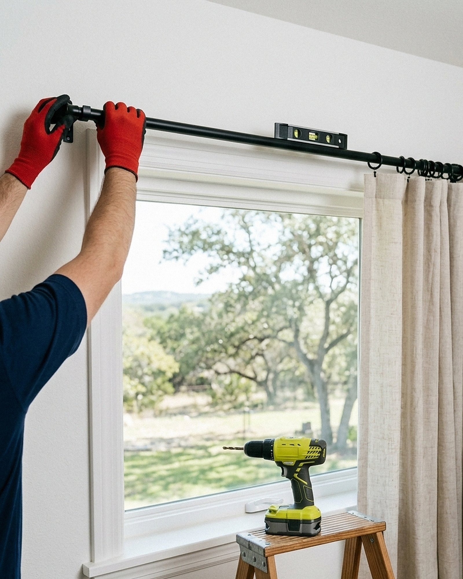 Gloved hands leveling a matte black curtain rod bracket above a large bedroom window
