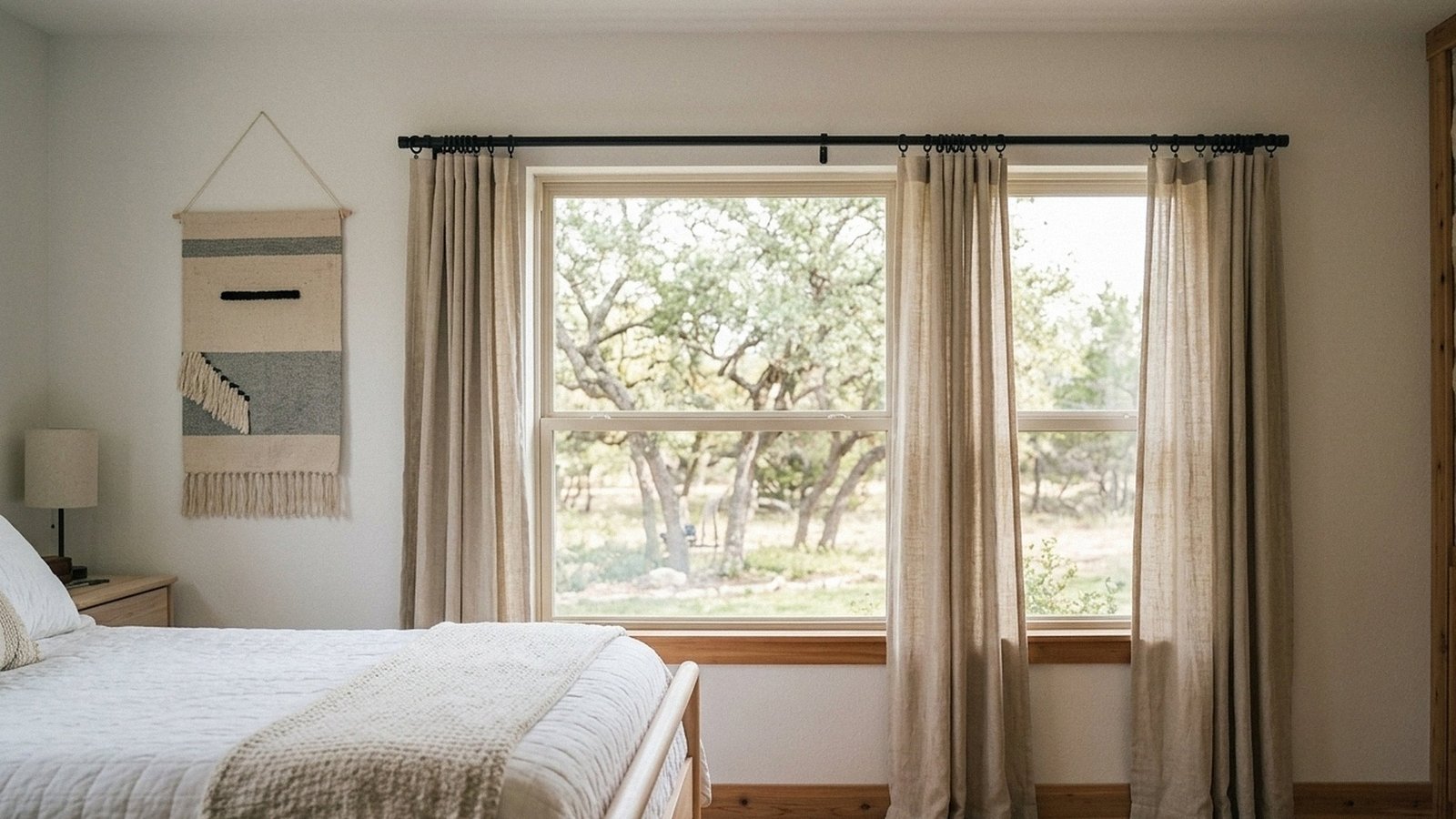 Linen curtains on a matte black rod mounted high above a window in a Hill Country living room