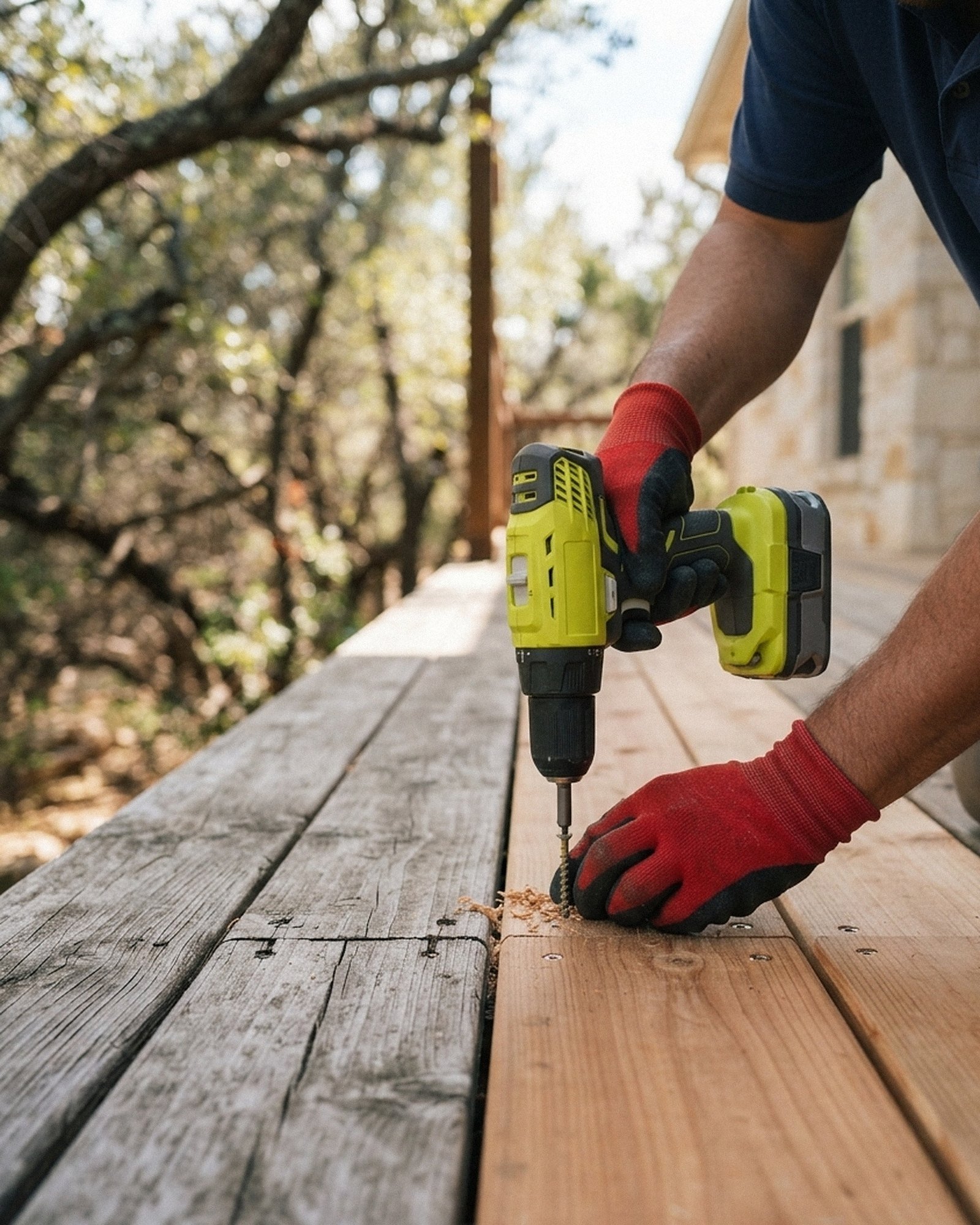 Gloved hands driving a deck screw into a new cedar board on a backyard deck