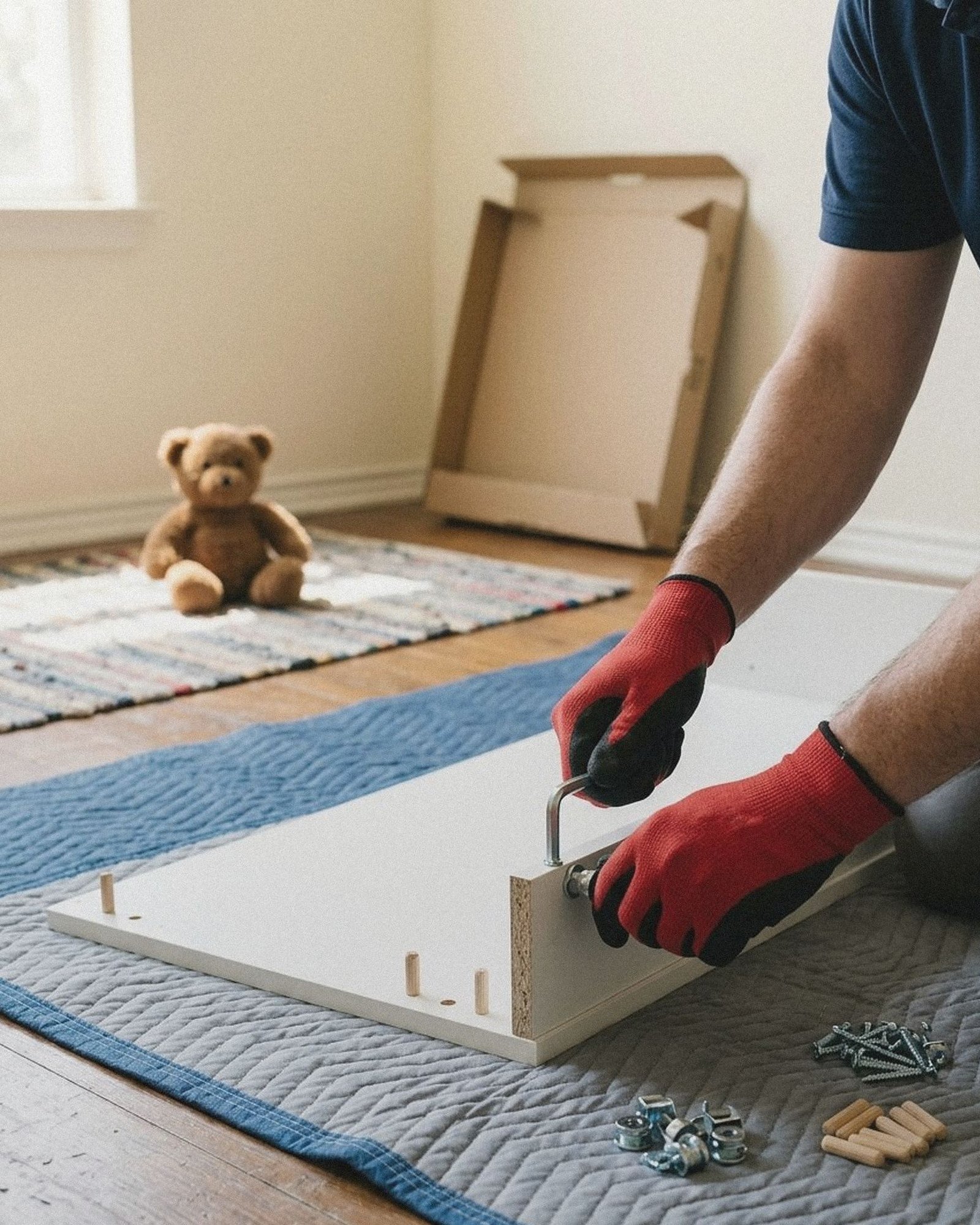 Gloved hands tightening a cam lock on a flat pack dresser panel laid on a moving blanket