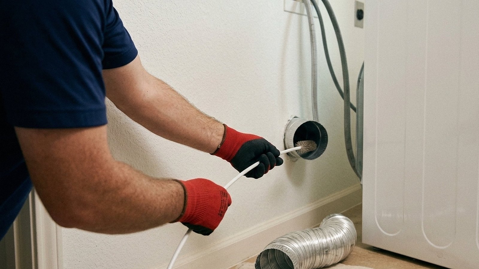 Gloved hands feeding a vent brush into a rigid metal dryer duct in a laundry room