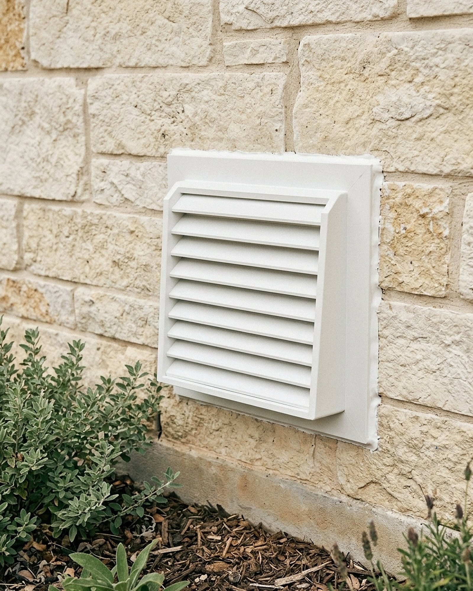Clean dryer vent hood flush against a limestone exterior wall
