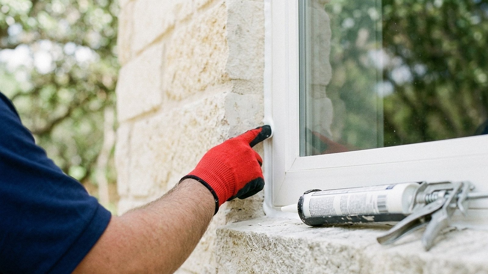 Gloved hand running a fresh bead of caulk where white window trim meets limestone, old caulk stripped out on the sill