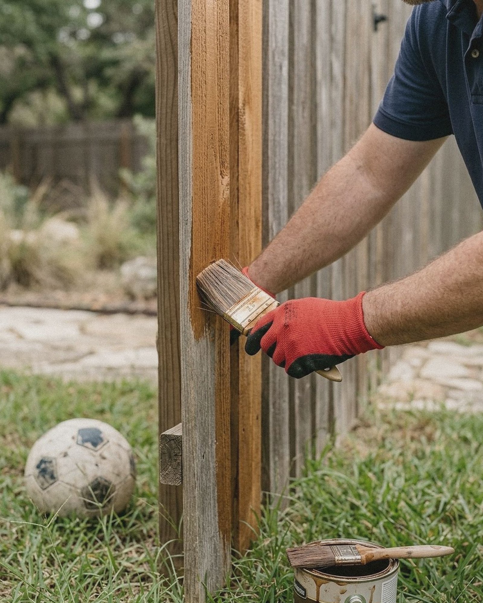 Gloved hand brushing semi transparent stain onto a cedar fence picket