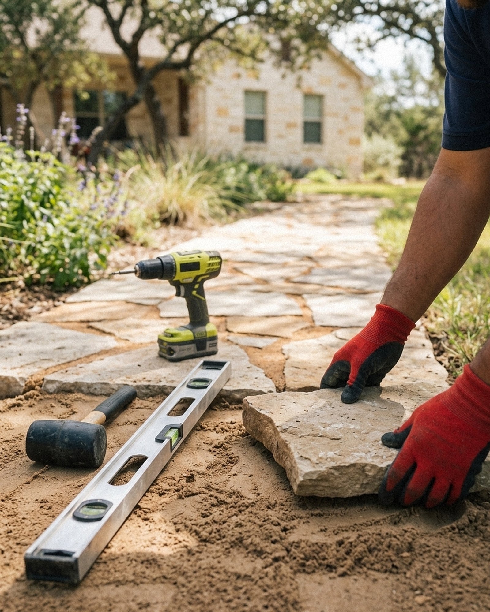 Gloved hands setting a limestone flagstone into a leveled sand bed on a front yard path
