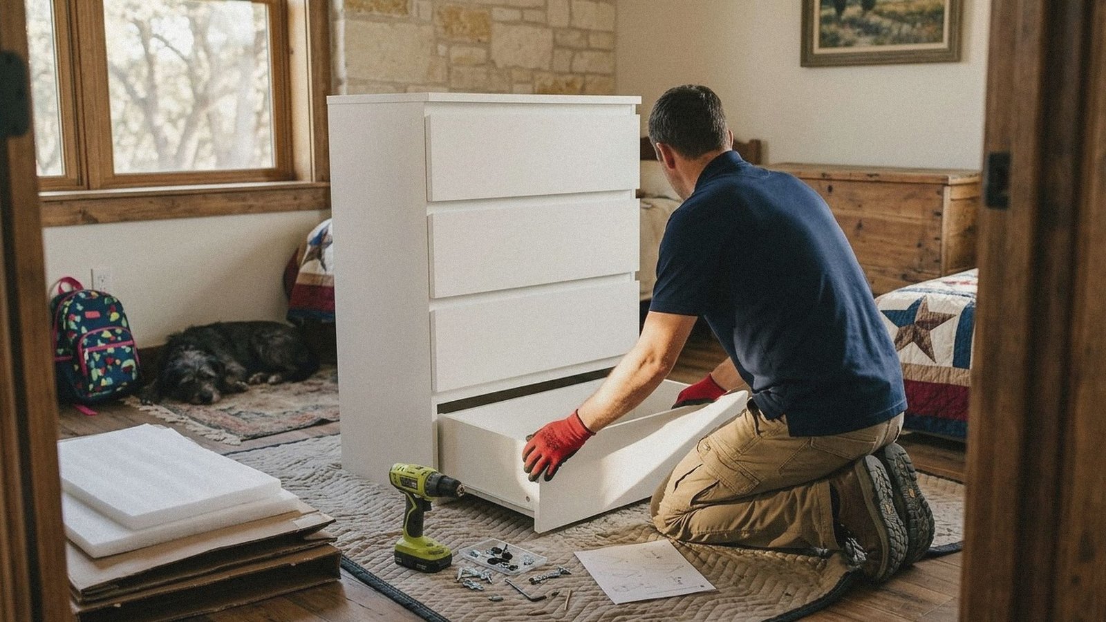 Flat pack dresser nearly assembled on a moving blanket with tools and packaging alongside