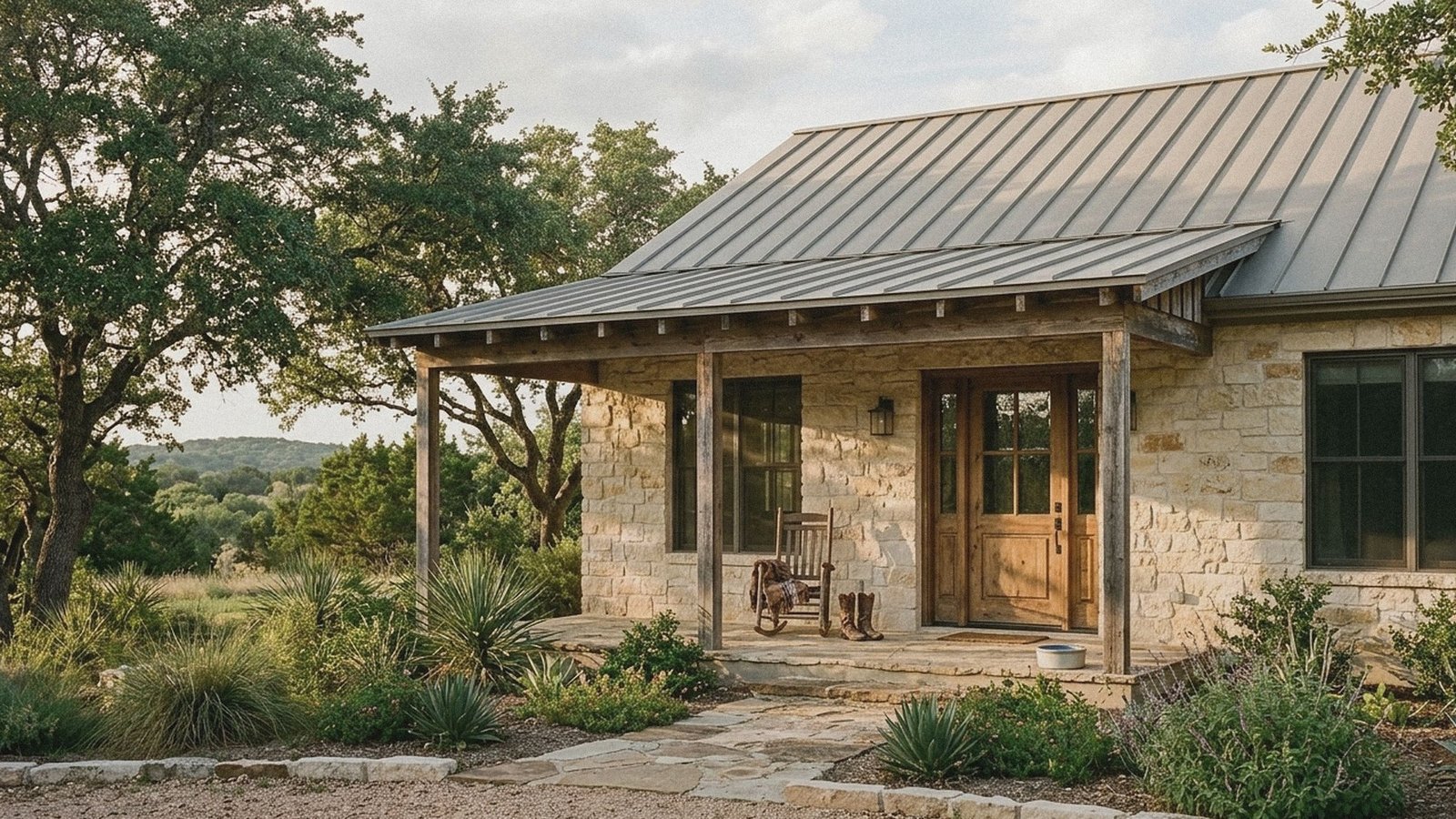 Texas Hill Country home with a limestone facade and metal roof
