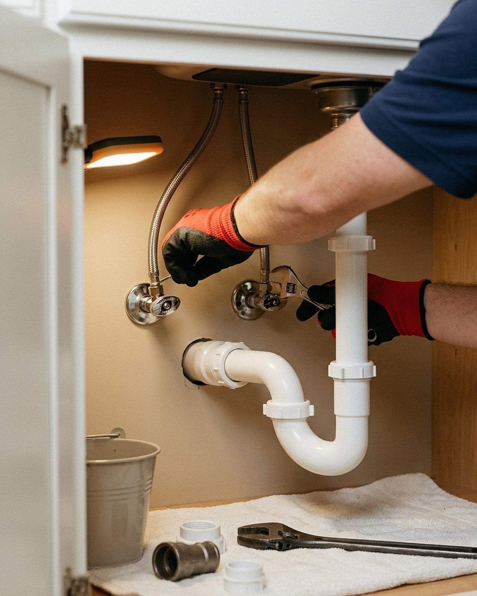Gloved hands tightening a braided supply line to a shutoff valve under a kitchen sink