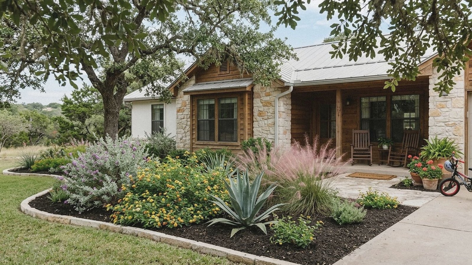 Front yard bed refreshed with deep dark mulch, a crisp edge, and Texas native plants