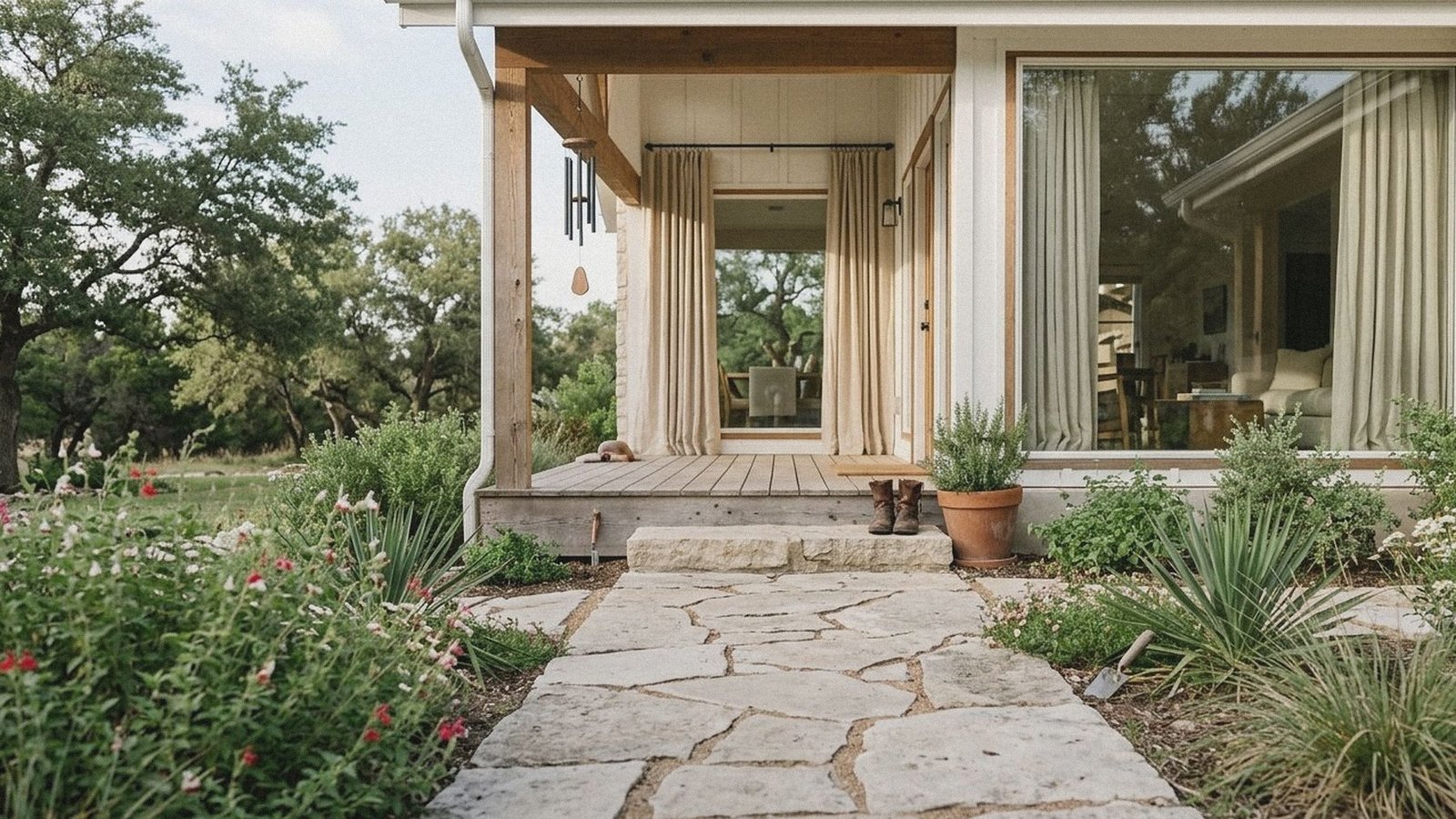 Limestone flagstone path leading through a native plant bed to a front porch
