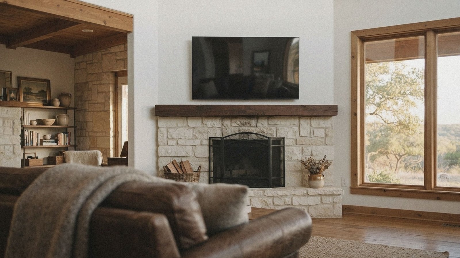 Flat screen TV mounted above a limestone fireplace in a Hill Country living room