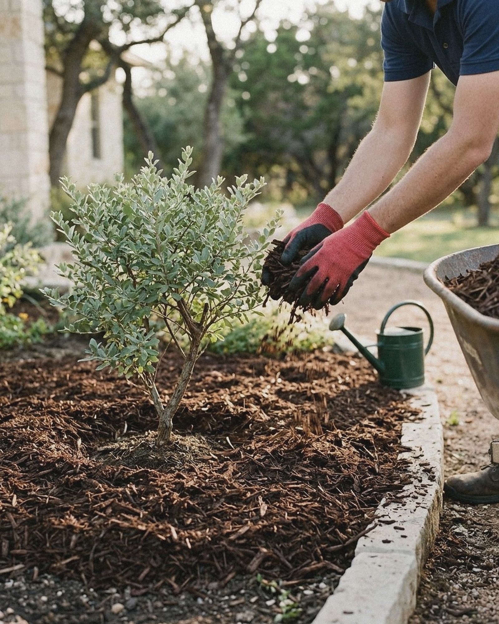 Gloved hands spreading fresh mulch around a Texas sage shrub