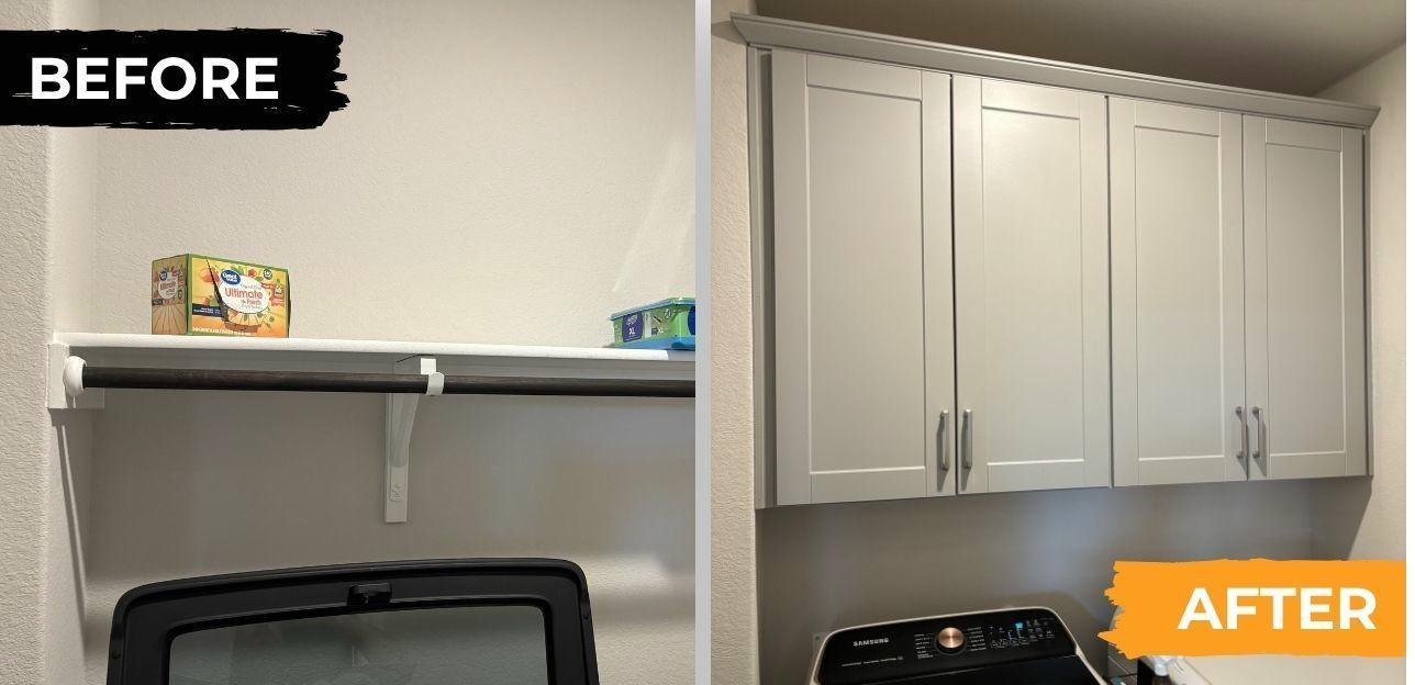 Before and after of a laundry room cabinet install by The Handy Bro