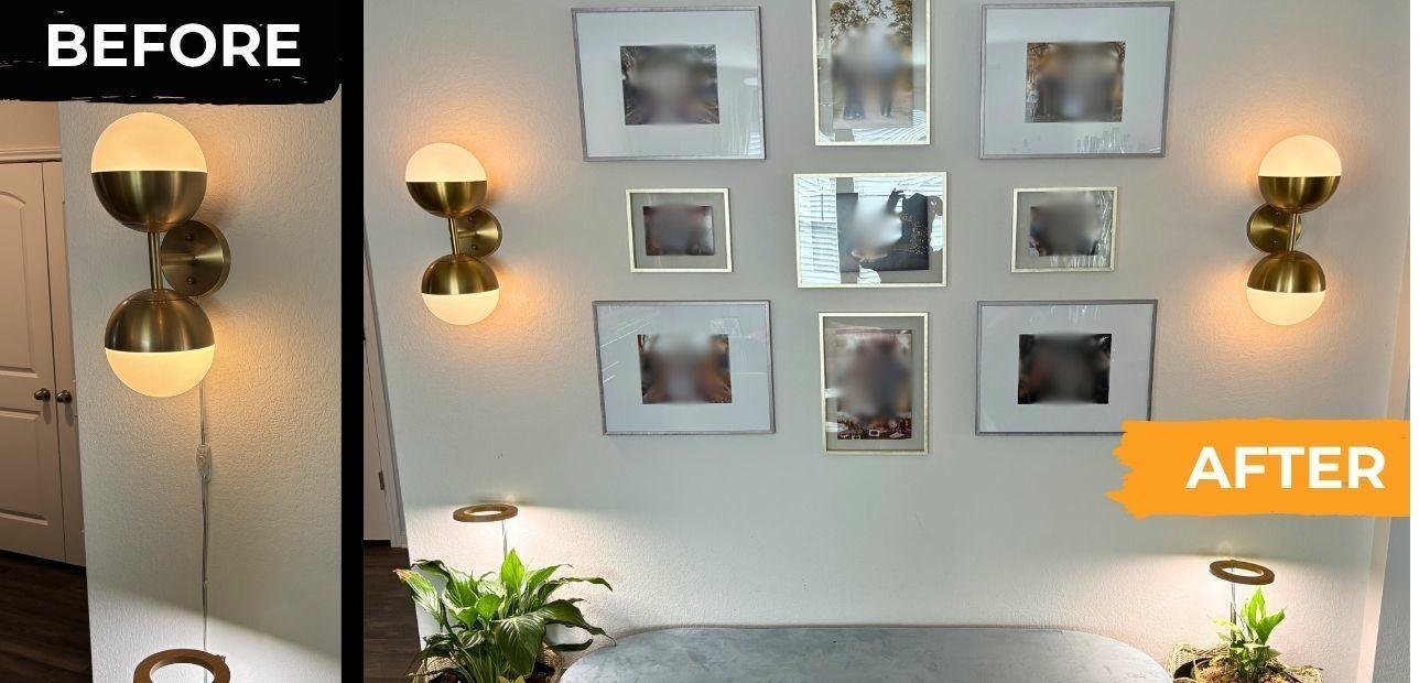 Before and after of wall sconce cord concealment by The Handy Bro