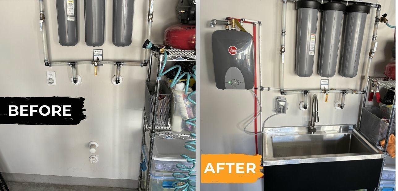Before and after of a garage sink and on demand water heater install by The Handy Bro