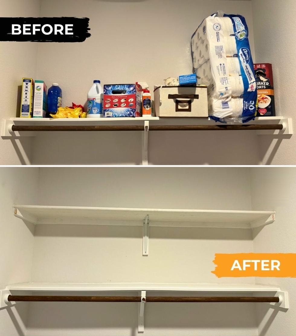 Before and after of an additional storage shelf install by The Handy Bro