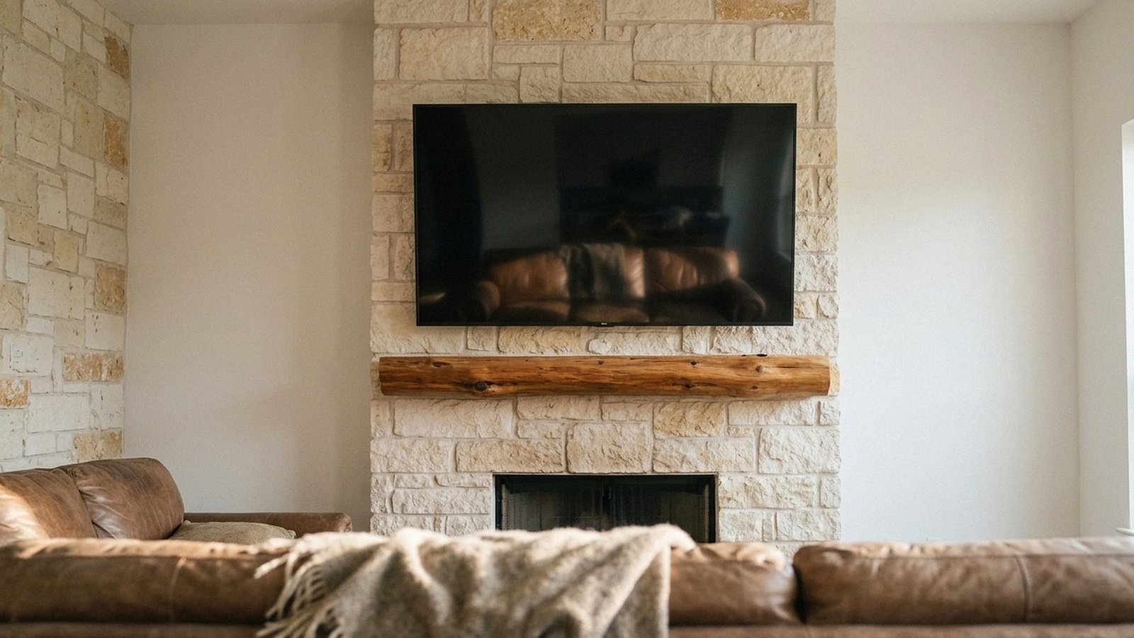 Flat screen TV mounted level above a limestone fireplace in a Texas Hill Country living room, with the wiring hidden in the wall