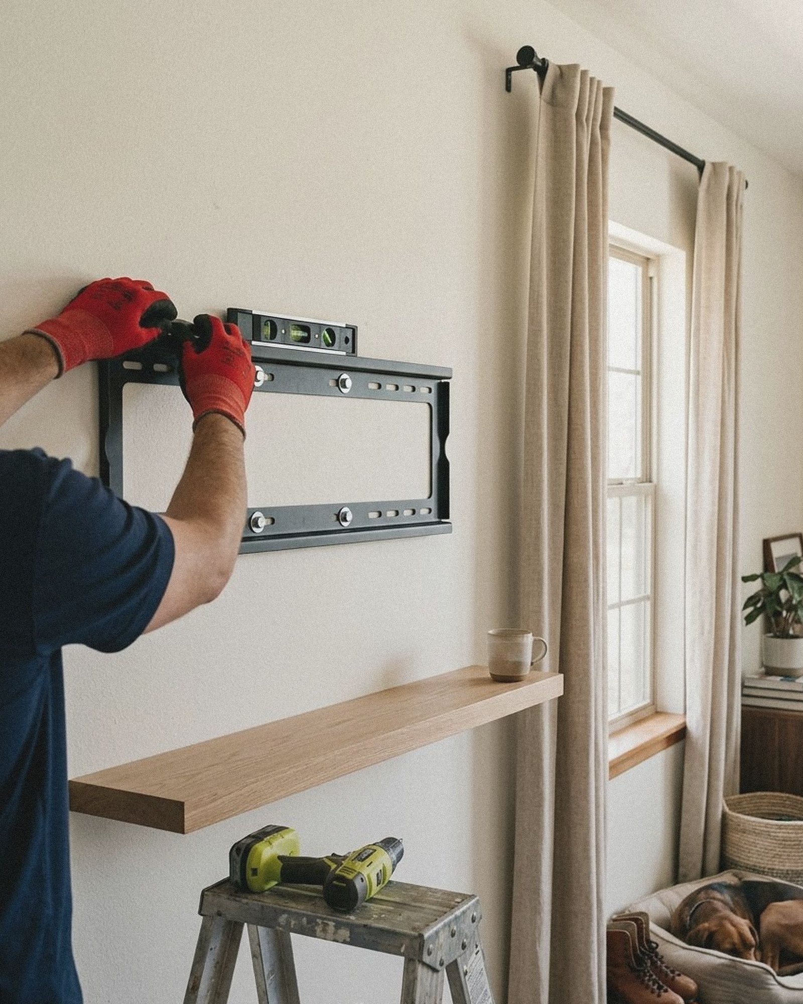 Gloved hands leveling a low-profile TV wall plate above a white oak floating shelf