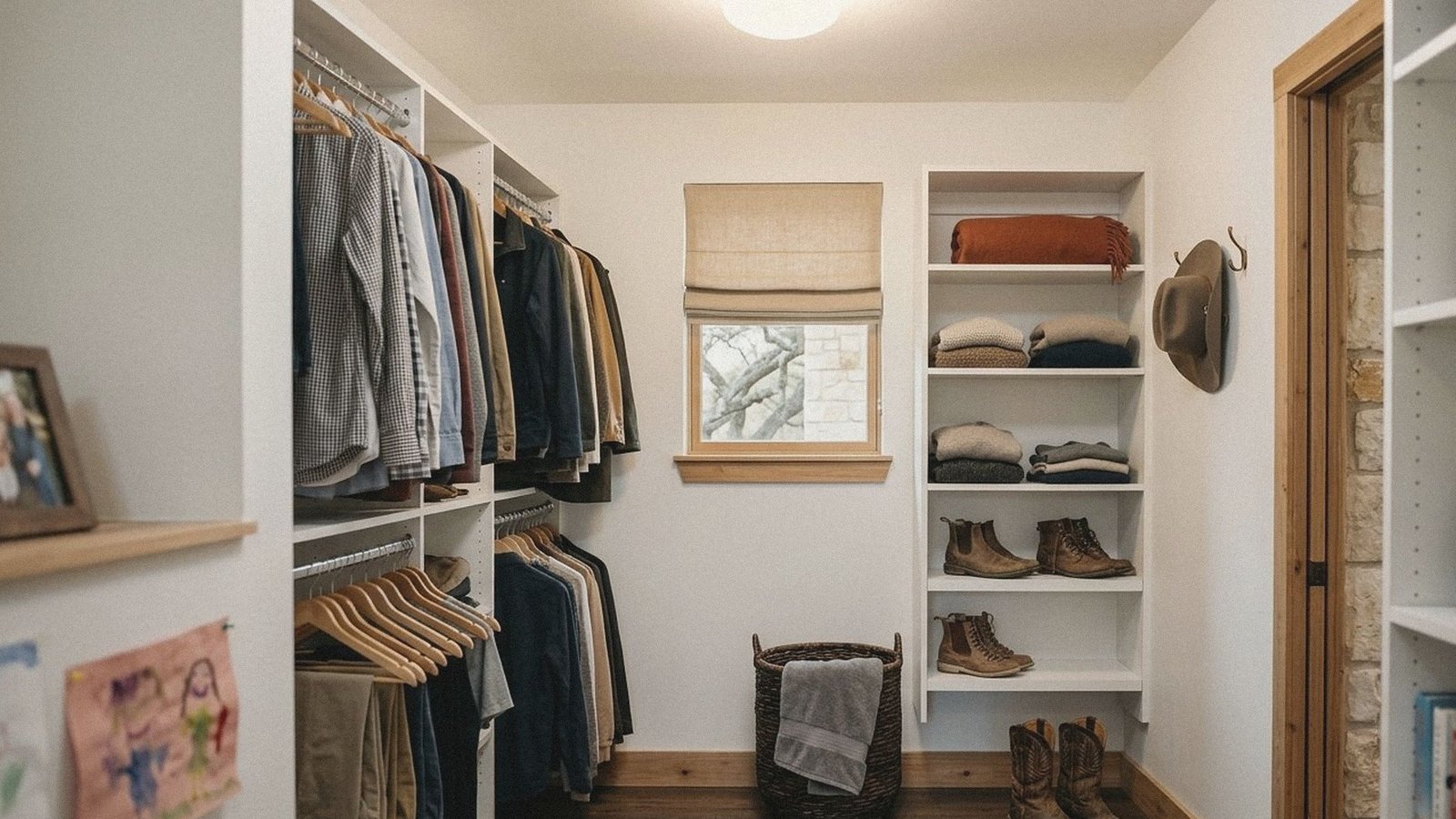 White closet system with double hanging rods, adjustable shelves, and a shoe shelf in a Hill Country home