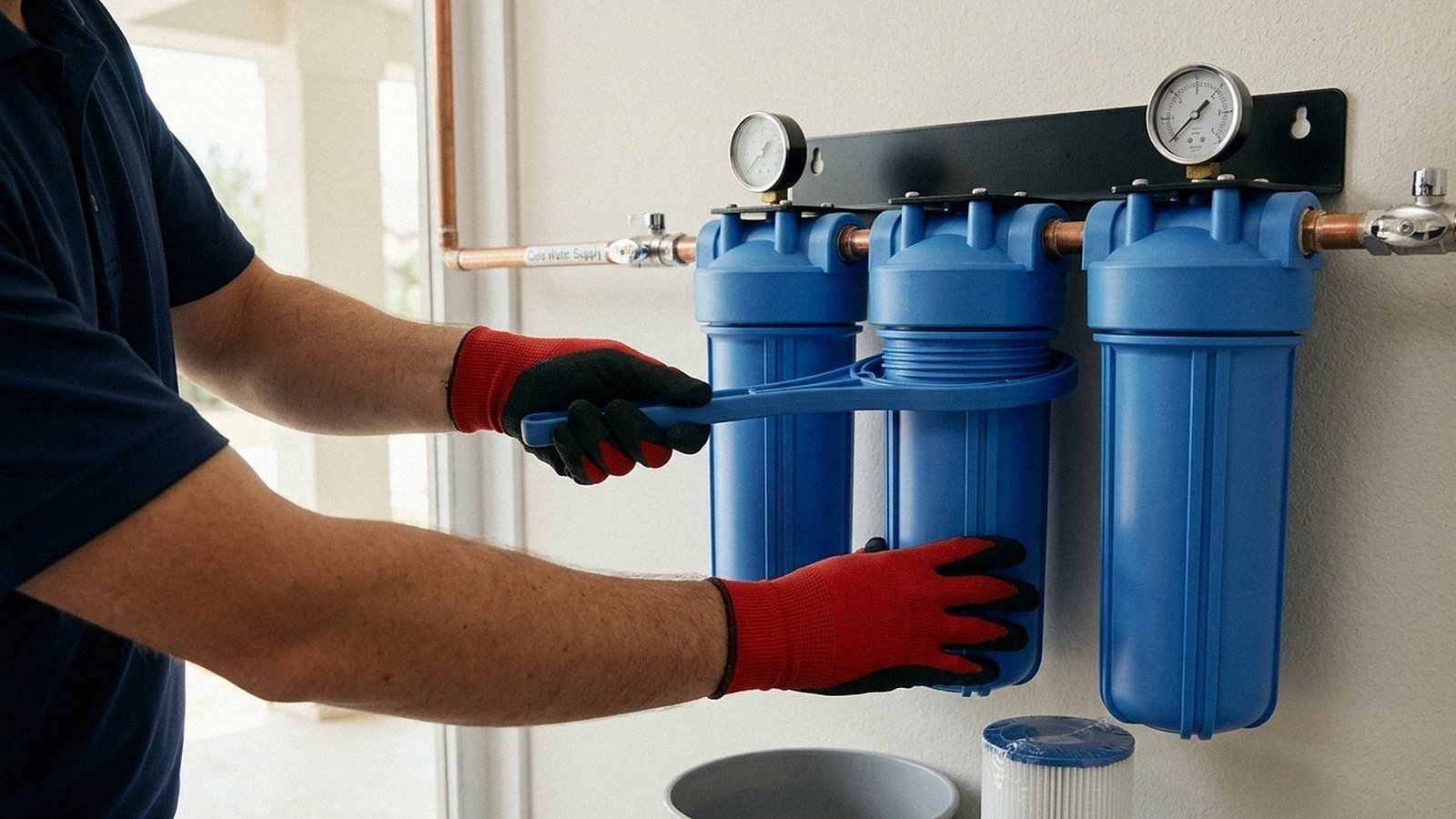 Whole home water filter housings on a garage wall with a filter wrench on the middle cartridge